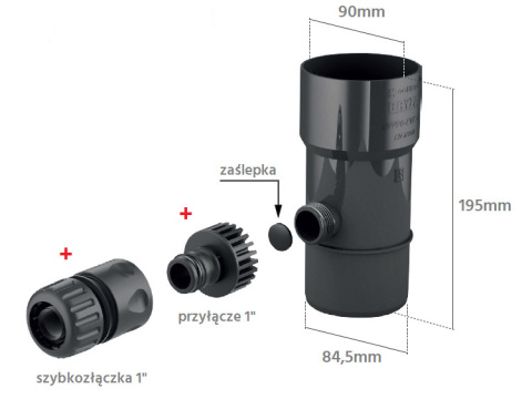 BRYZA Odzyskiwacz wody deszczowej PVC / 90mm + końcówki Grafit (RAL 7021) BRYZA Odzyskiwacz wody deszczowej PVC / 90mm + końcówki Grafit (RAL 7021)