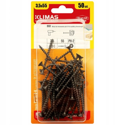 Wkręty Do Drewna Płyt Gk 3,5x55mm Czarne Ph2 Blister 50szt Klimas Bgd-35055