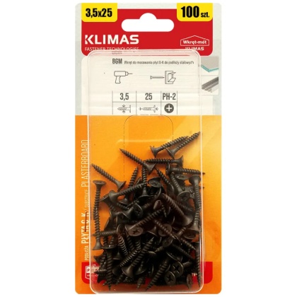 Wkręty Do Płyt Kg 3,5x25 Do Metalu Ph2 Czarne 100szt Klimas Bgm-35025