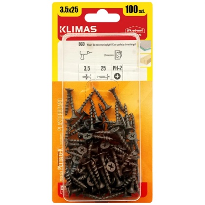 Wkręty Do Drewna Płyt Gk 3,5x25mm Czarne Ph2 Blister 100szt Klimas Bgd-35025